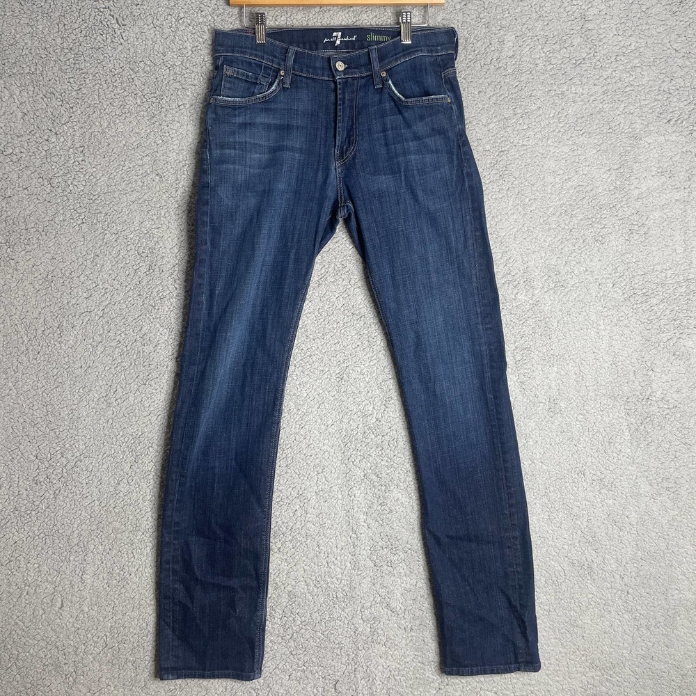 7 For All Man Kind Slimmy Mens Jeans Blue 31x43 Straight Stretch Dark Wash
